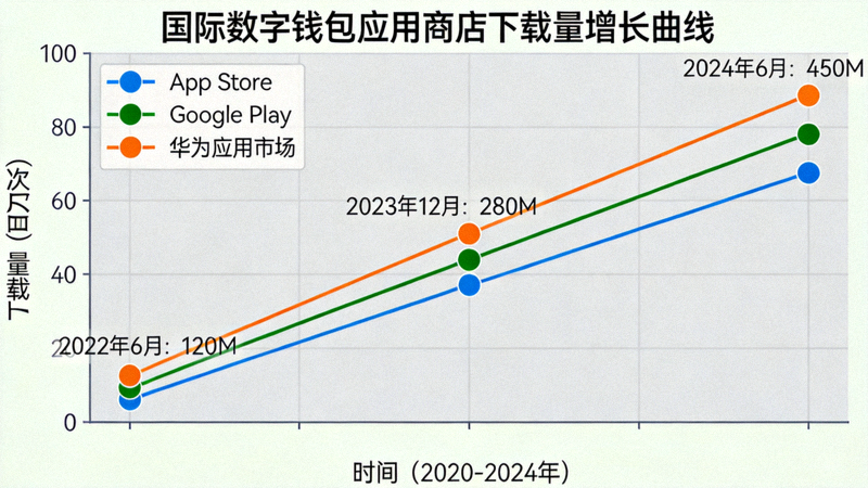 显示国际数字钱包在各大应用商店下载量增长曲线的数据图表