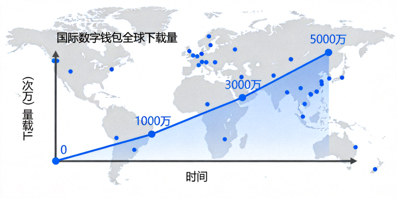 显示国际数字钱包全球下载量从零增长至五千万次的蓝色上升曲线图，背景为世界地图